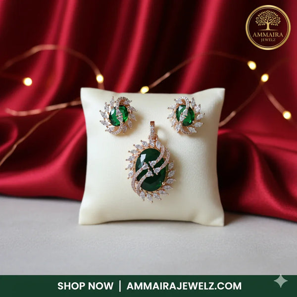 Ammaira's EMERALD GRANDEUR SET: Rose Gold & Marquise Cluster Pendant & Earrings - Ammaira Jewelz