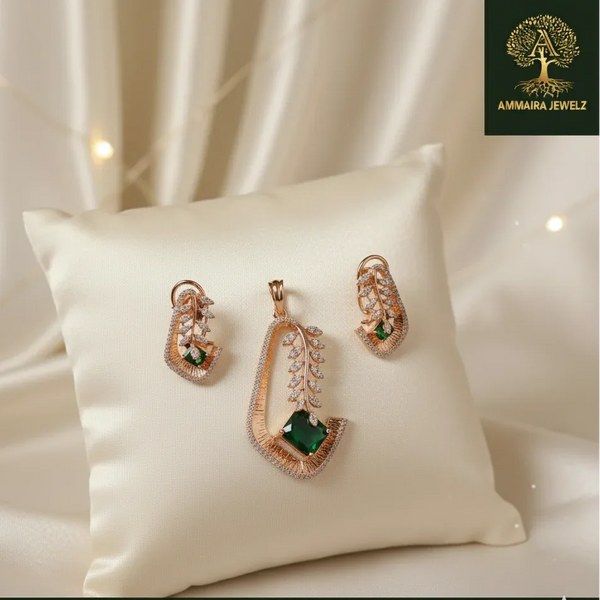 Ammaira's Ethereal Leaf Pendant Set with Emerald Green Stone - Ammaira Jewelz