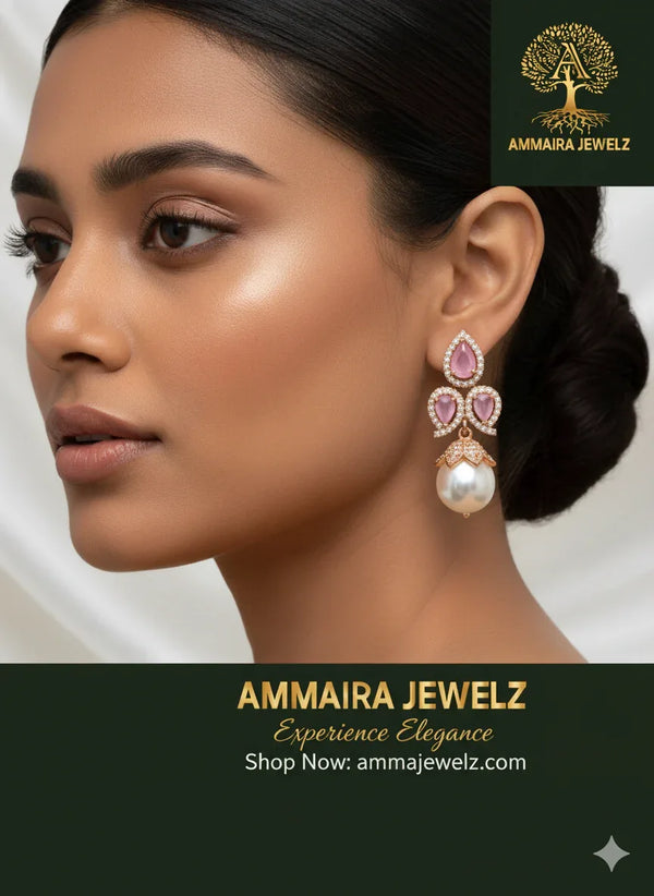 Ammaira's Rose Gold Lustre Grace Earrings with Pearl Drop (Pink) - Ammaira Jewelz