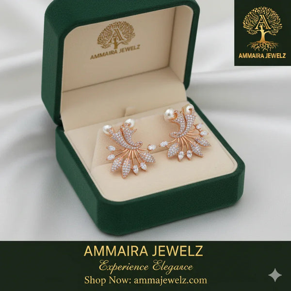 Ammaira's The Petal Pearl Studs: Rose Gold & Diamond Bloom Earrings - Ammaira Jewelz