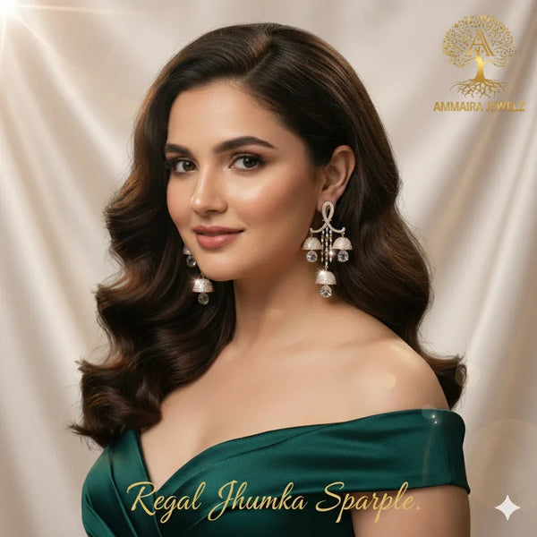 Ammaira's REGAL JHUMKA SPARKLE: Cascading Bell Chandelier Earrings - Ammaira Jewelz