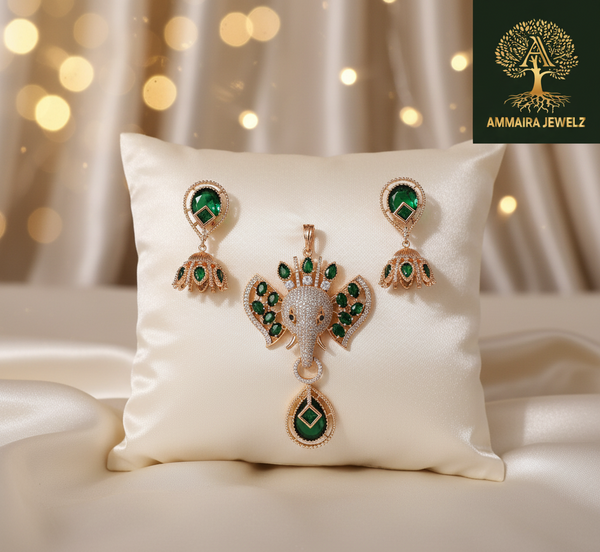 Ammaira's Ganesh Themed Rose Gold Polish Pendent Set Emerald Green