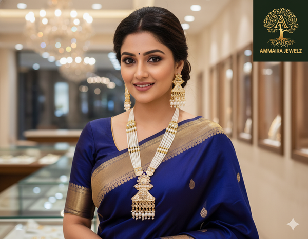 Ammaira’s Premium Designer Reverse AD Meenakari Pearl & Crystal Long Necklace Set 👑