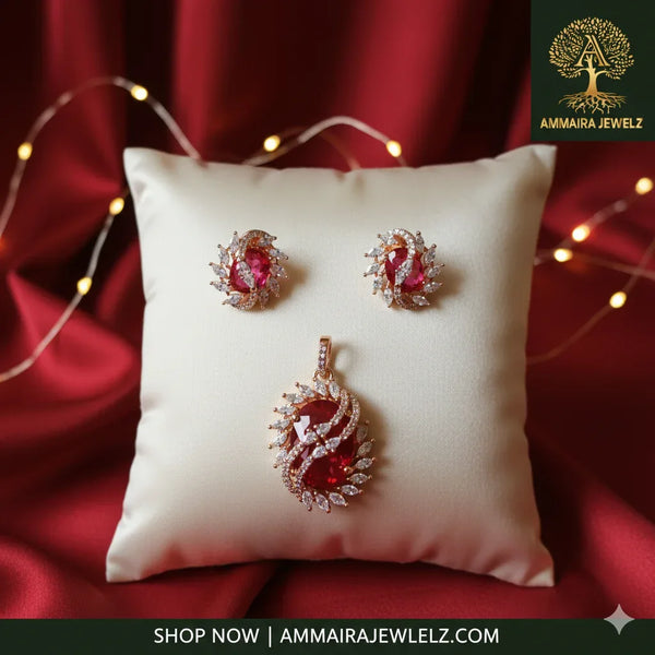 Ammaira's RUBY RADIANCE SET: Rose Gold & Marquise Cluster Pendant & Earrings - Ammaira Jewelz