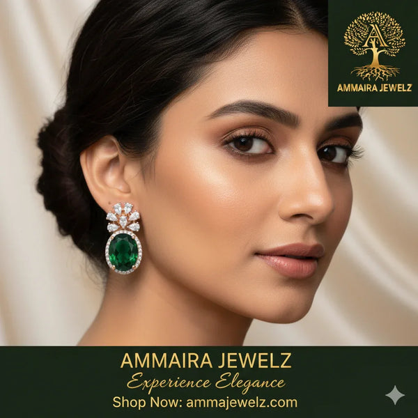 Ammaira's Emerald Isle Drops: Regal Green & Rose Gold Earrings - Ammaira Jewelz