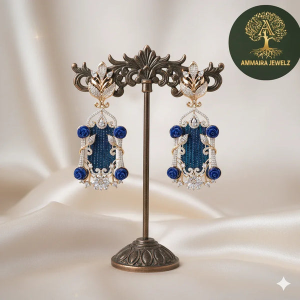 Ammaira's Royal Azure Drops: Baroque Chandelier Earrings with Pavé Roses - Ammaira Jewelz