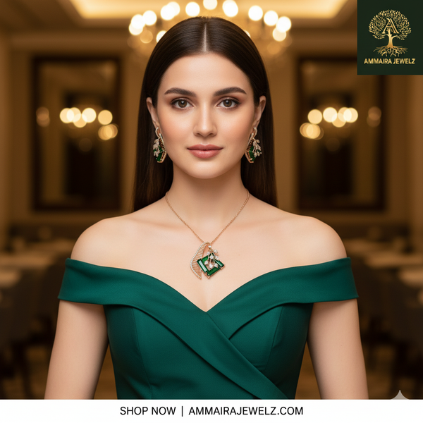 AMMAIRA"S The Emerald Leaf Set: Geometric Pendant & Coordinating Earrings in Rose Gold