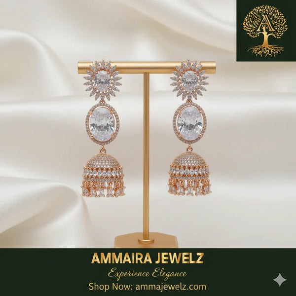Ammaira's The Empress Jhumka Drops: Rose Gold & Diamond Chandelier Earrings - Ammaira Jewelz