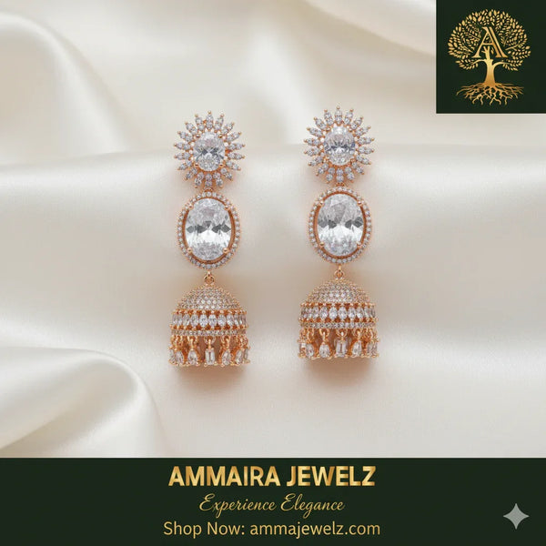 Ammaira's The Empress Jhumka Drops: Rose Gold & Diamond Chandelier Earrings - Ammaira Jewelz