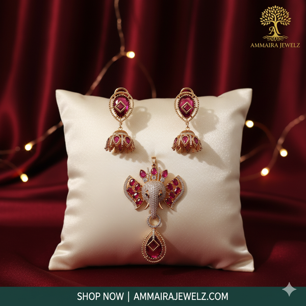 Ammaira's Ganesh Themed Rose Gold Polish Pendent Set Red