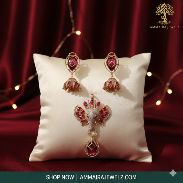 Ammaira's Ganesh Themed Rose Gold Polish Pendent Set Red - Ammaira Jewelz