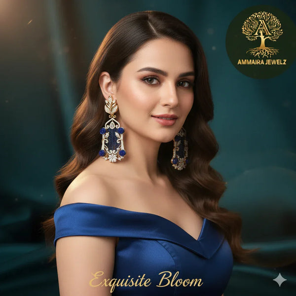 Ammaira's Royal Azure Drops: Baroque Chandelier Earrings with Pavé Roses - Ammaira Jewelz