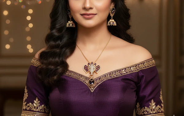 Ammaira's Ganesh Themed Rose Gold Polish Pendent Set Purple - Ammaira Jewelz