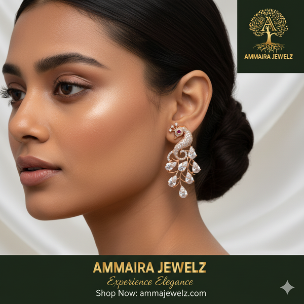 Ammaira's The Mayura Dance Drops: Rose Gold Peacock Statement Earrings