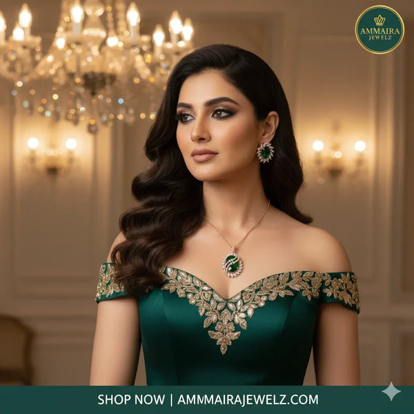 Ammaira's EMERALD GRANDEUR SET: Rose Gold & Marquise Cluster Pendant & Earrings - Ammaira Jewelz