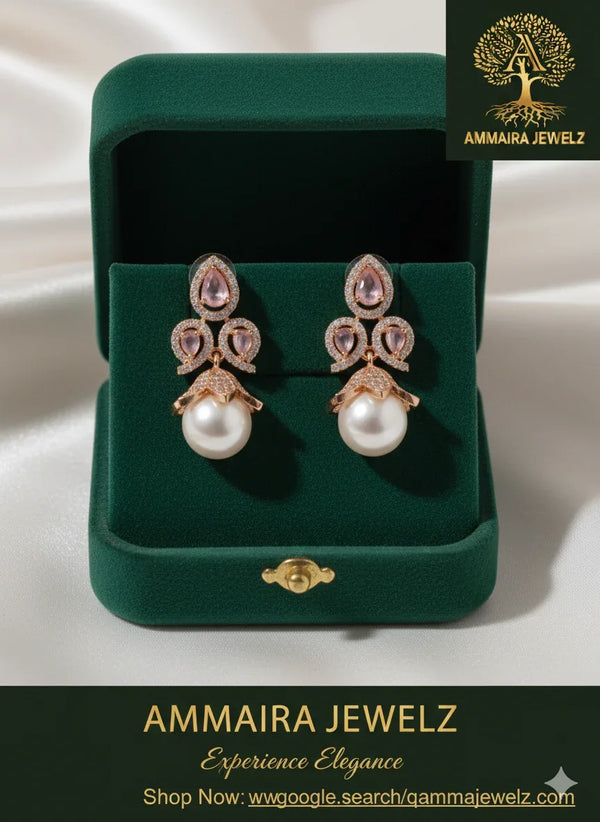 Ammaira's Rose Gold Lustre Grace Earrings with Pearl Drop (Pink) - Ammaira Jewelz