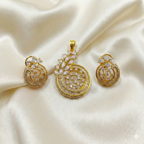 Gold Polish Circular Diamond Pendant & Stud Earrings Set | Ammaira Jewelz