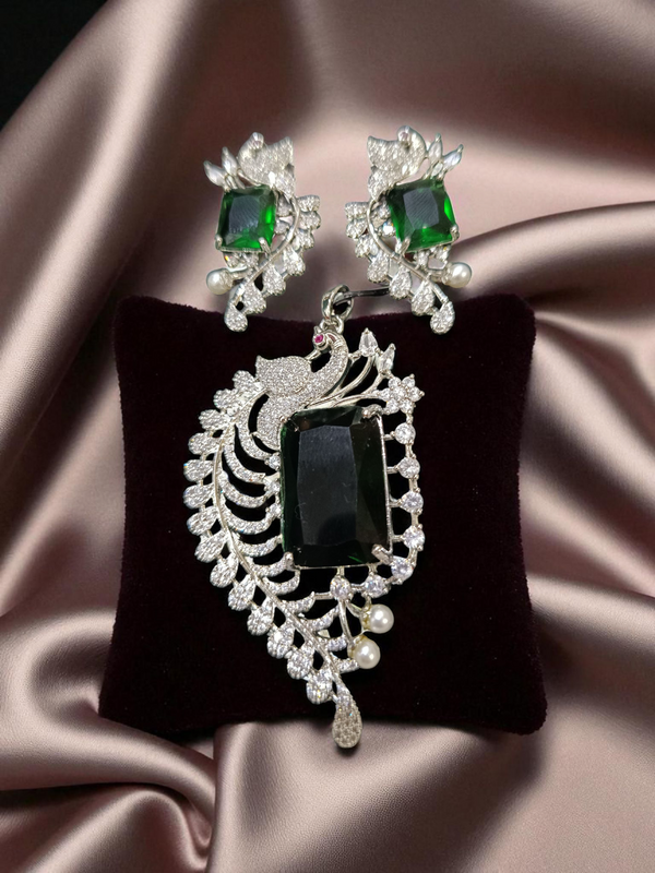 Ammaira’s Graceful Peacock Motif Silver Plated AAA AD Zirconia Pendant Set