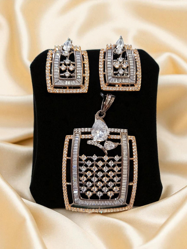 Ammaira’s Rhodium Plated Black & Rose Gold AAA AD Zirconia Pendant Set