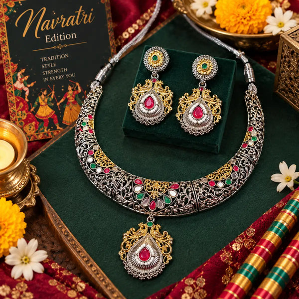 Handcrafted oxidised silver necklace set for women featuring multicolor stones and matching chandelier earrings.