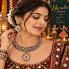 Handcrafted oxidised silver necklace set for women featuring multicolor stones and matching chandelier earrings.