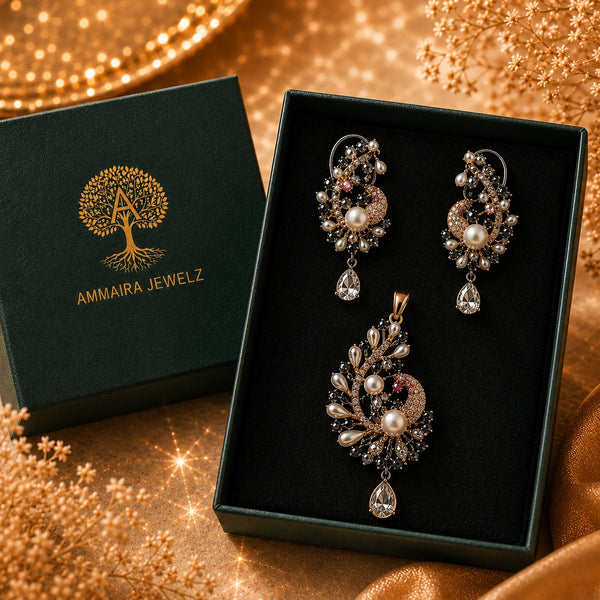Luxury peacock pearl pendant set with American diamonds and matching designer earrings in black rhodium and rose gold finish.