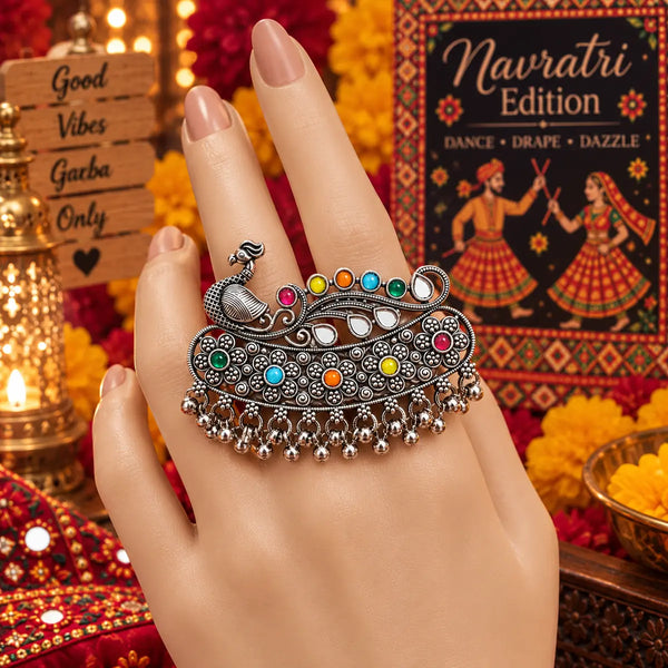 Mayurika peacock dual-finger ring for women with oxidised detailing, colourful accents and traditional Indian-inspired design