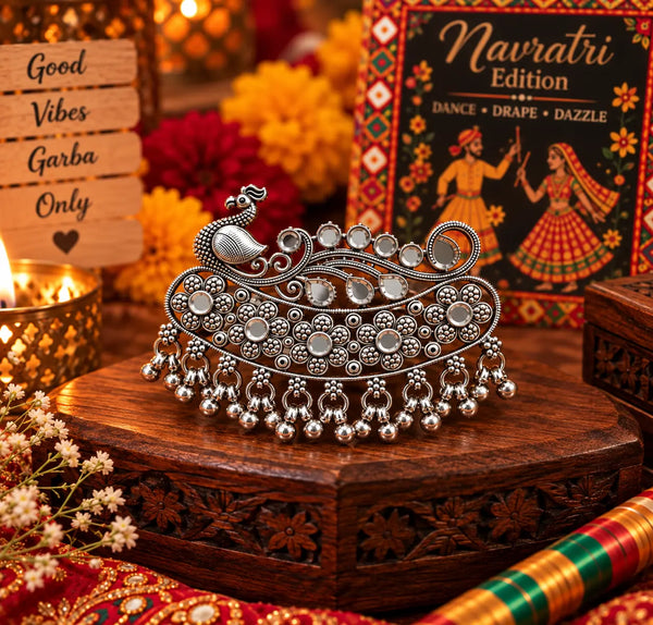 Mayurika Peacock German Silver oxidized two-finger ring with mirror work and intricate floral detailing for women