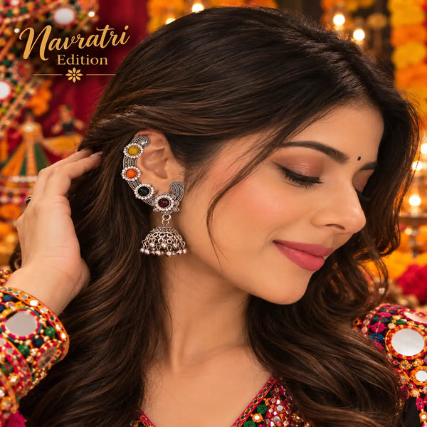 Meher Rang lightweight oxidized alloy jhumka earrings with multicolour stones and ear cuffs for Navratri festive wear.