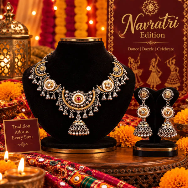 Meherika 2-tone fusion oxidised alloy necklace set with matching jhumka earrings for women, lightweight Navratri jewellery