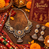 Meherika 2-tone fusion oxidised alloy necklace set with matching jhumka earrings for women, lightweight Navratri jewellery