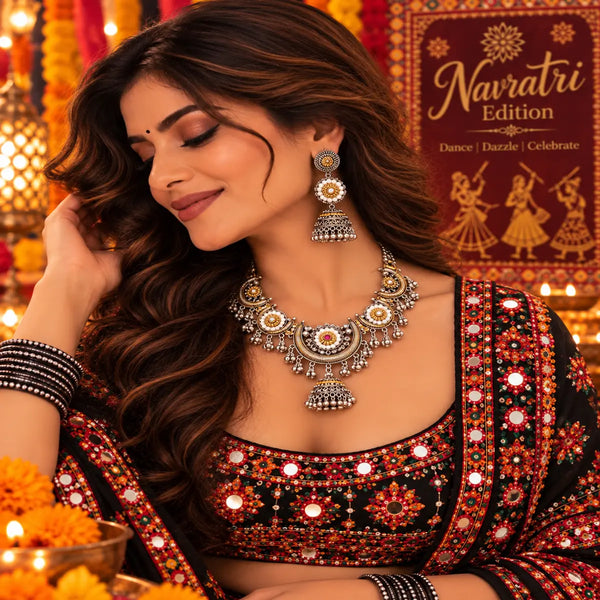 Meherika 2-tone fusion oxidised alloy necklace set with matching jhumka earrings for women, lightweight Navratri jewellery