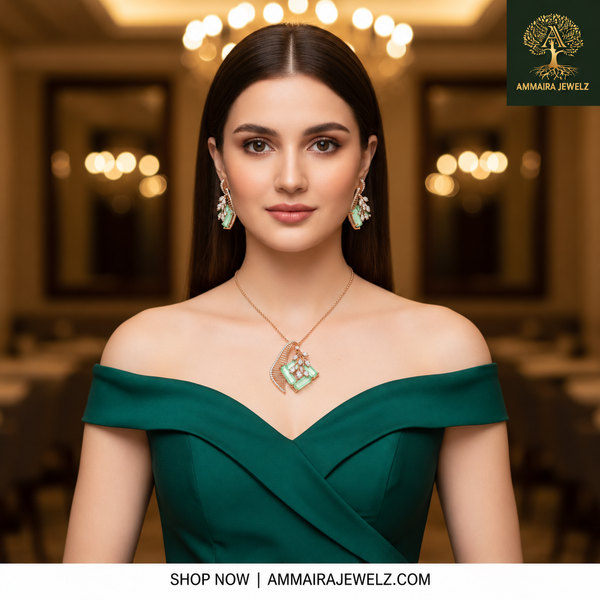 AMMAIRA"S The Leaf Set: Geometric Pendant & Coordinating Earrings in Rose Gold
