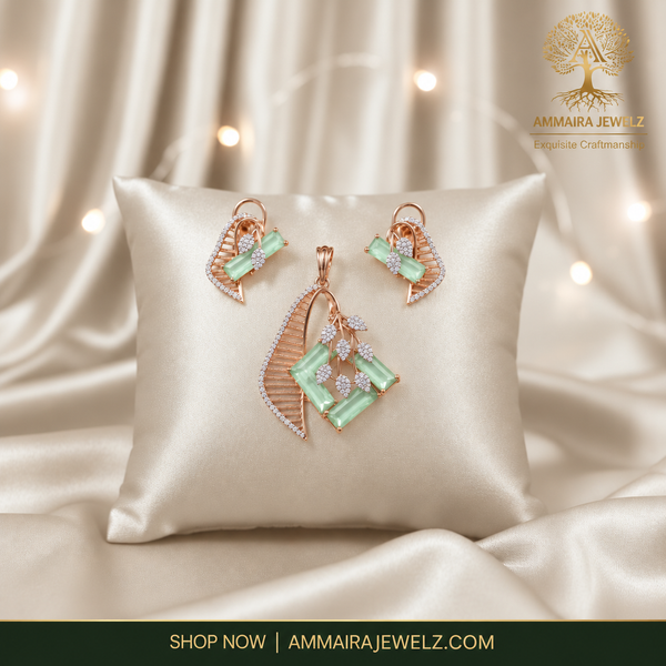 AMMAIRA"S The Leaf Set: Geometric Pendant & Coordinating Earrings in Rose Gold