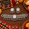 Antique silver-tone oxidized mirrorwork statement choker necklace set for women with ghungroo drops and matching mirrorwork earrings.