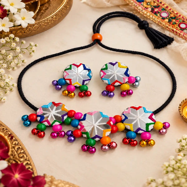 Multicolor threadwork oxidised necklace set with embroidered round motifs, colourful beads and matching earrings