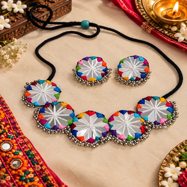 Multicolor threadwork oxidised necklace set with round embroidered motifs and matching earrings