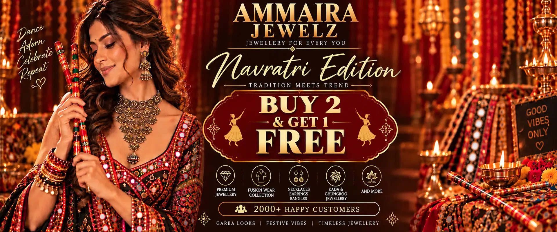 Promotional banner for Ammaira Jewelz Navatri Edition featuring a woman in traditional Indian attire holding a flute, with ornate jewelry and festive decorations in a warm, richly lit setting. Text highlights a 'Buy 2 & Get 1 Free' offer.