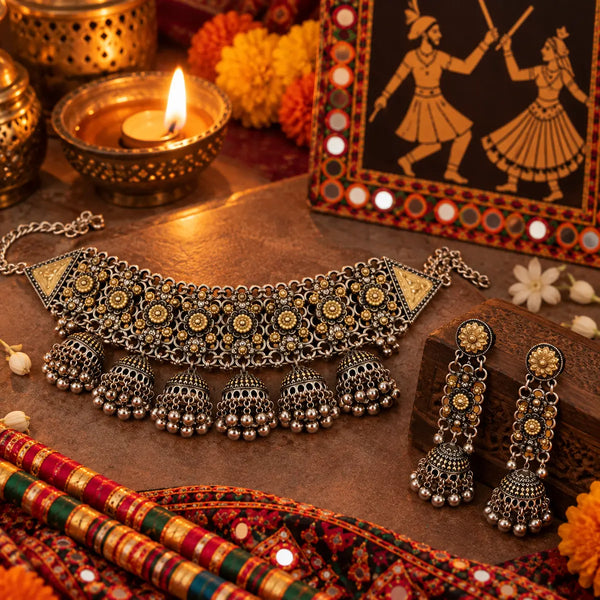 Statement two tone silver and gold oxidized choker necklace with jhumka drops and matching long jhumka earrings for women.