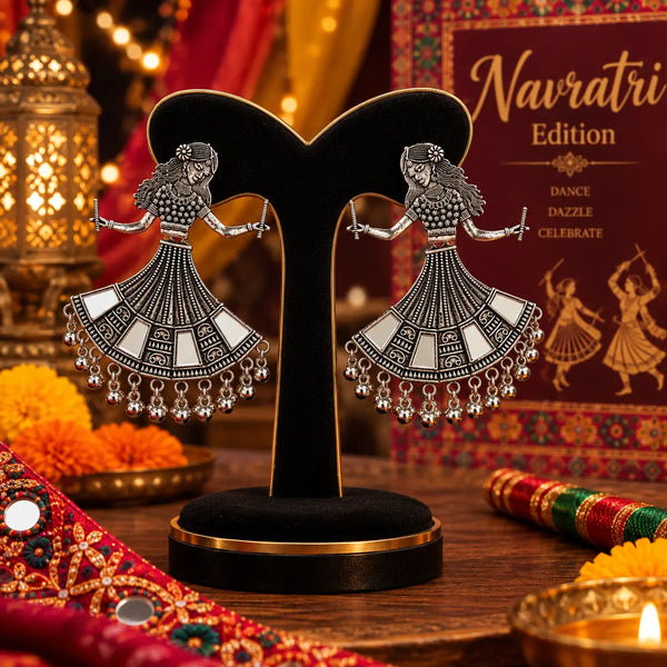 Oxidized German silver mirror work dancing woman dangler earrings for women, featuring intricate traditional design and festive Navratri styling.