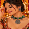Peacock design oxidised necklace set with green thread, matching earrings and pendant for women