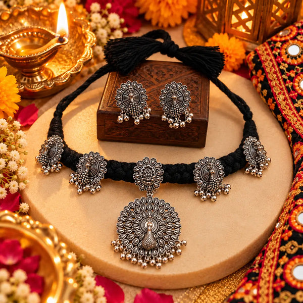 Peacock design oxidised necklace set with green thread, matching earrings and pendant for women