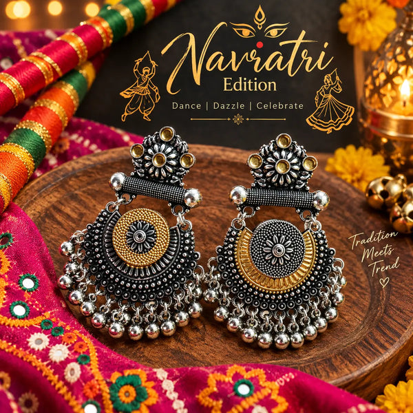 Raagini two-tone alloy ghungroo earrings for women with mandala-inspired detailing for Navratri festive styling