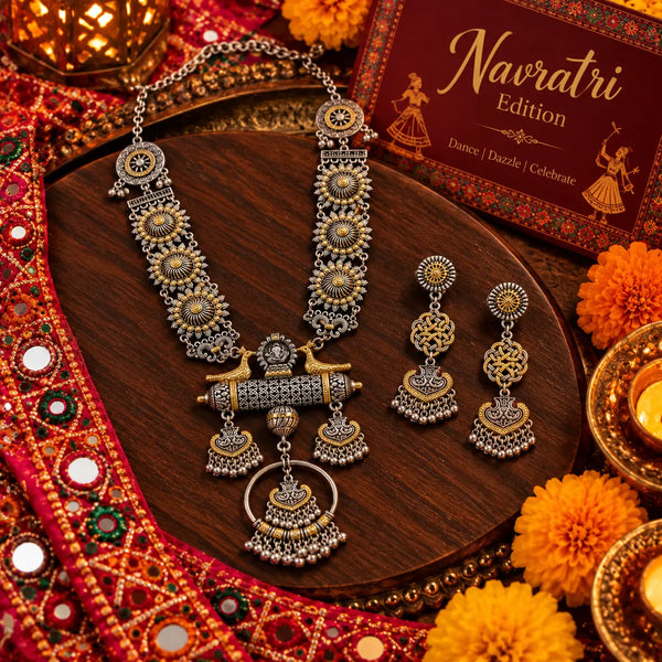 Rajvanshi Mandala alloy oxidised 2-tone fusion necklace set with circular motifs, statement pendant and matching earrings for women