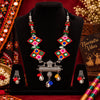 Handmade multicolor fabric thread Navratri necklace set with vibrant geometric motifs, oxidised statement pendant and matching earrings for women.