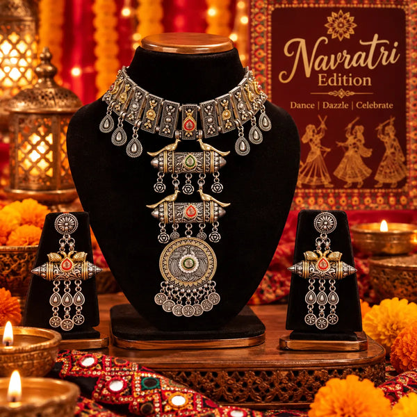 Rangrez Dhara alloy oxidised 2-tone fusion necklace set with mirror work and matching earrings for women