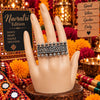Antique silver oxidised alloy adjustable rectangular filigree statement finger ring for women.