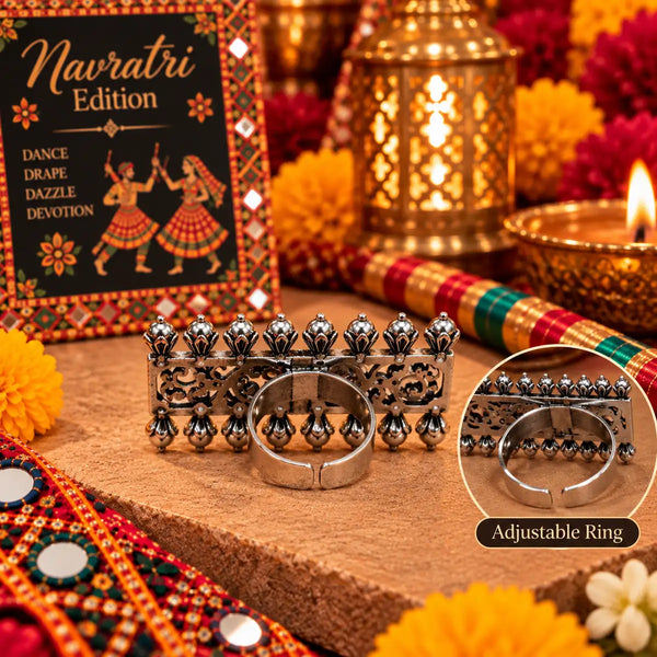 Antique silver oxidised alloy adjustable rectangular filigree statement finger ring for women.