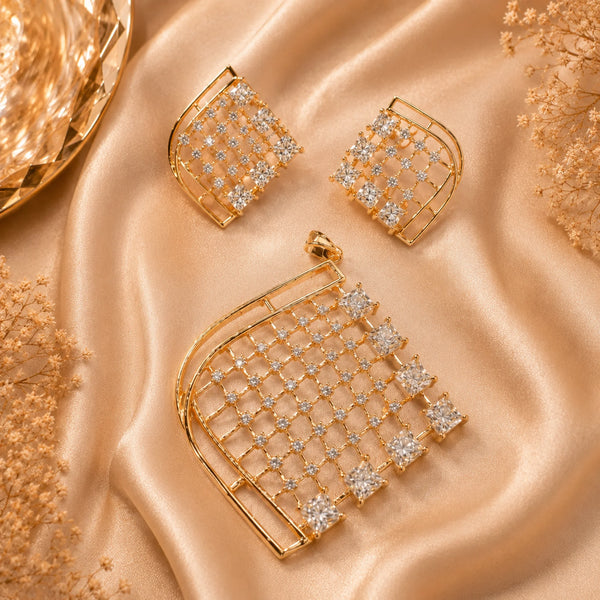 Regal Lattice American Diamond gold polish pendant set with matching earrings for women featuring an elegant geometric lattice design.