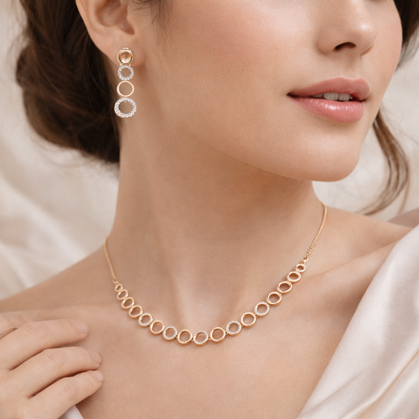 Rose Gold Circular Diamond Necklace & Drop Earrings Set | Ammaira Jewelz
